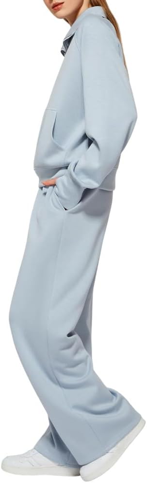 Women’s Quarter Zip Sweat Set, Long Sleeve Half Zip Pullover & Wide Leg Sweatpants Lounge Set for Walk jogging