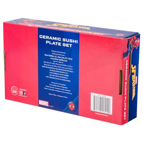 Image of Silver Buffalo Marvel Avengers Spider-Man Ceramic Sushi Set with Dipping Sauce Dish and Matching Chopsticks