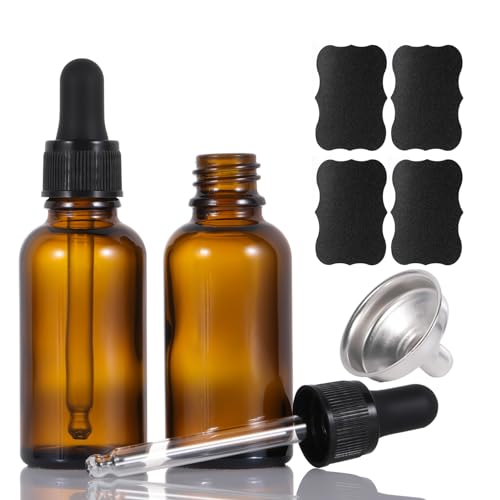 ALIFEIA 2Pcs Botella Cristal 30ml,Cuentagotas Frascos de Vidrio,Ambar Con Embudo de Acero Inoxidable Frascos Cuentagotas.Adecuado Para Aceites Esenciales,Perfumes,Aromaterapia,Química de Laboratorio