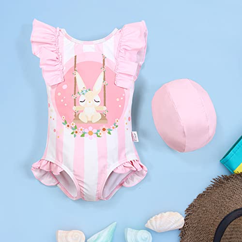 Kids Girls' Bunny Swimsuit and Hat Surf UPF 50+ Printed One Piece Ruffle Bathing Suits Summer Beach Swimwear2
