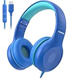 KONNAO Upgrade USB Typ C Kinder-Kopfhörer, kabelgebundene Kopfhörer für Kinder mit Mikrofon für Jungen und Mädchen, einstellbare Lautstärke von 85 dB/94 dB (Marineblau/Blau)