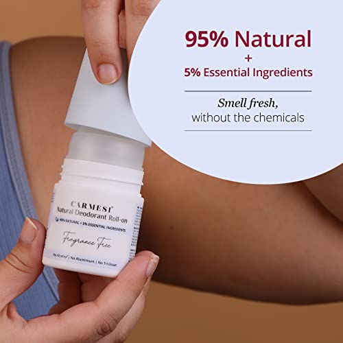 Image of Carmesi Natural Underarm Roll On Deodorant for Women | 95% Natural + 5% Essential Ingredients | For Fresh Underarms All Day | No Alcohol & Aluminium | Fragrance Free | 50 ml