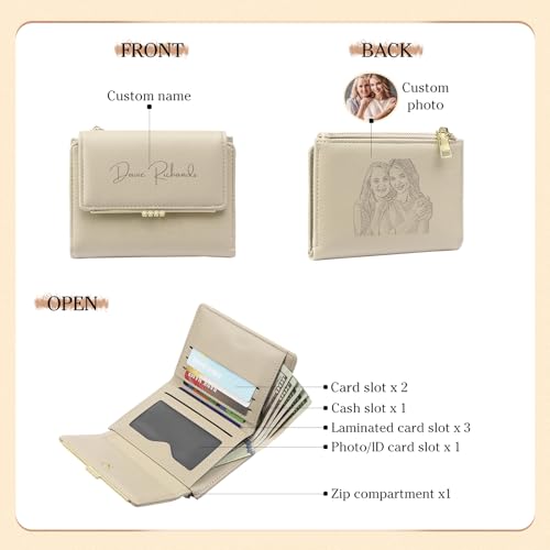 Personalized Photo Small Wallets for Women: Custom Name Picture Leather Womens Wallet -Zipper Coin Pocket Trifold Wallet - Birthday Mothers Day Christmas Gifts for Mom Grandma Ladies (Apricot)3