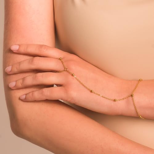 Gold Hand Chain Bracelet for Women Non Tarnish - Dainty Gold Bracelets Trendy 14K Gold Plated Hand Chain Cubic Zirconia Finger Bead Link Ring Chain Bracelet for Women Waterproof Jewelry Gifts
