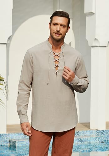 Enlision Camisas de Lino y algodón para Hombre con Cordones Estilo Medieval Vintage de Manga Larga clásicas escocesas jacobitas Estilo Ghillie Color Caqui Tallas M
