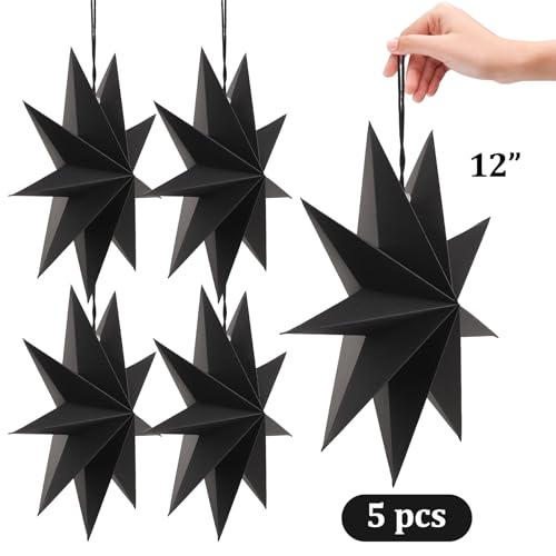 Image of SUNBEAUTY 5 Pcs 9-Pointed Black Paper Star Lanterns 12 Inch Hanging Lamp Black Paper Funeral Decorations Christmas Birthday Home Holiday Party Decorations