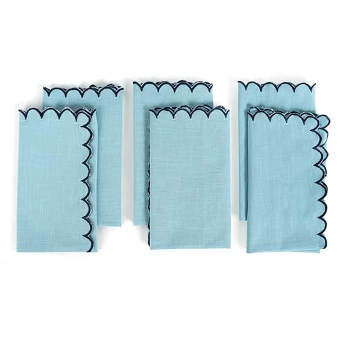 Image of FINGERCRAFT Scallop Edge Cloth Napkins | Set of 6 | 20x20 Inches | 100% Cotton | Table Napkins for Any Occasion | Washable, Perfect for Parties and Everyday Use (Aqua Slub, Set of 6)