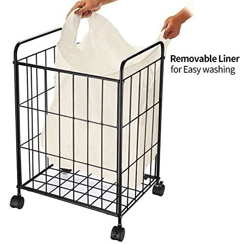 Iron Wire Laundry Hamper With Rolling Lockable Wheels, Folding Laundry Storage Basket With Metal Handles, Detachable Liner Bag Dirty Laundry Hamper Cart Sorter Clothes Basket Organizer #TOP4