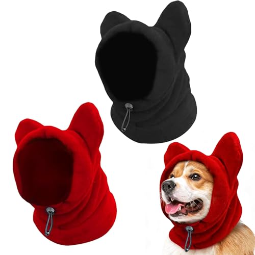 ZoneYan 2 Pièces Casquette Chien, Snood Chien, Cache Oreille Chiens, Chapeau d'hiver Épais pour Petit Chiens, Anti-Bruit, Chaleureux (Rouge + Noir, S)