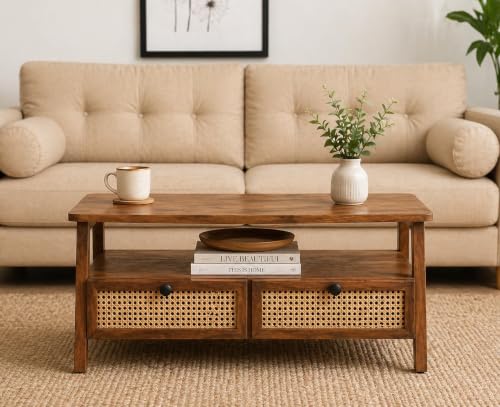 Image of Solid Wood Rectangular Small Cane Center Coffee Table with 2 Rattan Drawers Open Shelf Storage for Living Room | Tea Table Teapoy for Hall Outdoor Home Office Drawing Room Lounge Furniture | Honey