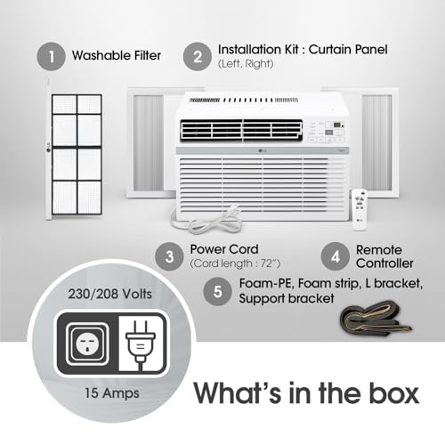 Image of LG 24,500 BTU Window Air Conditioner, 230V, Cools 1,560 Sq.Ft. (39' x 40' Room Size), Quiet Operation, Electronic Control with Remote, 3 Cooling & Fan Speeds, Auto Restart, White | 230V, Remote Control, 3 Cooling and Fan Speeds, Auto-Restart, Electronic Controls, Quiet Operation, Rooms up to 1560 Sq.Ft.