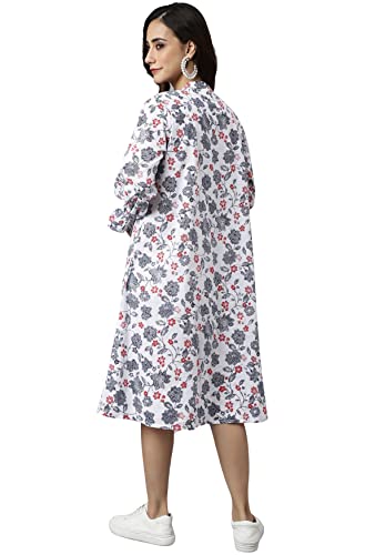 Image of Janasya Women's White Cotton Floral Print Flared Western Dress