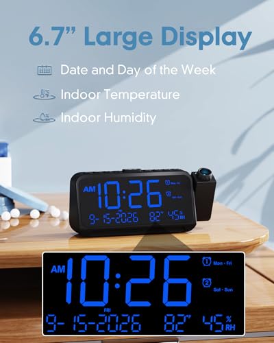 Roxicosly Projection Alarm Clock for Bedroom Ceiling, 118 dB Super Loud for Heavy Sleepers, 6.7" Large Digital Dimmable Display with Day Date Indoor Temp Humidity, Dual Alarms Adjustable Volume - Image 3