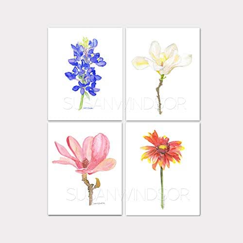 Flower Watercolor Art Print Set of 4 Handmade Products