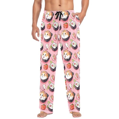 Men's Sushi Kawaii Pattern Pajama Pants with Pockets - Straight Fit Cotton Sleep Bottoms for Lounge & Nightwear#946