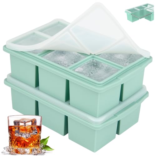 Image of Large Ice Cube Trays for Whiskey, Silicone Ice Cube Tray, with Reinforced Steel Ring Top, Makes 12 perfect 2-in ice cubes, Square Ice Tray for Cocktails, Whiskey, Coffee. (2 Pack)