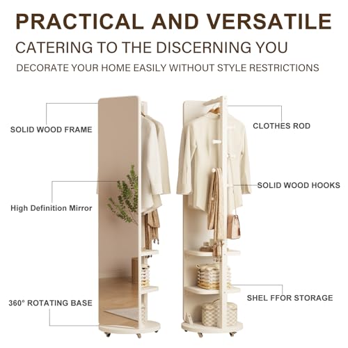 Image of WoodsWhisper Full Length Mirror Coat Rack Solid Wood Floor Mirror 66 inchx12 inch Full Length Mirror with Stand Long Mirrors for Bedroom,Living Room (White-Mobile, 66 inch Lx12 W)