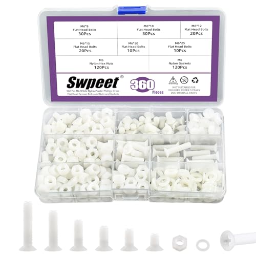 Swpeet Lot de 360 vis cruciformes M6 en nylon blanc avec écrous et joints, 6 tailles, longueur 8/10/12/15/20/25 mm
