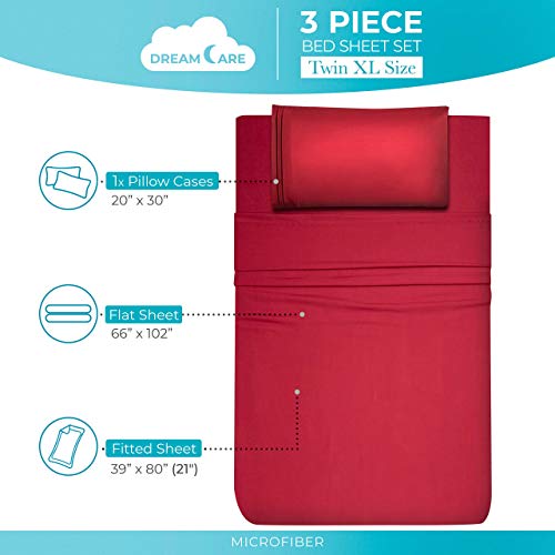 Image of DREAMCARE Twin XL Sheets - 3pc Breathable Cooling Sheets Twin XL Sheet Sets | - up to 21 inch Deep Pocket XL Twin Sheets with Side Pockets - Extra Soft - Double Brushed Hotel Luxury Bed Sheets - Burgundy