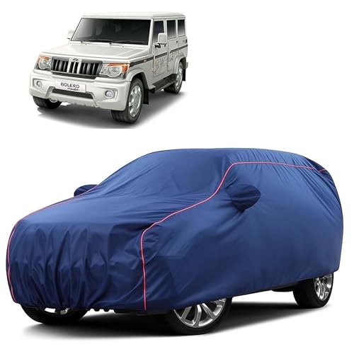 Image of Sulfar 100% Water Resistant Car Body Cover Compatible with Mirror for Mahindra Bolero (Triple Stitched, Full Bottom Elastic, Blue Taffeta with Red Piping)