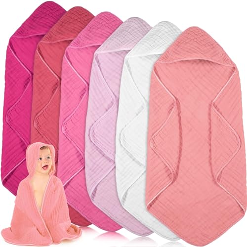 Image of Peryiter 6 Pcs Muslin Hooded Baby Towels, 32"x 32" Cotton Newborn Bath Towel Muslin Infant Baby Blankets Absorbent Unisex Newborn Registry Gift Essentials for Girls Boys (Pink)