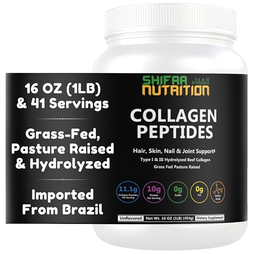 Halal & Grass Fed Collagen Peptides Powder 1 lb. 16oz Unflavored Hydrolyzed Collagen Peptides Powder Type I & Type III for Hair, Skin, Nails & Joints | Keto & Paleo Friendly | Sugar & Gluten Free