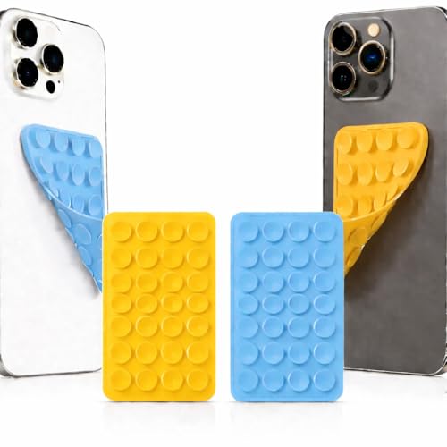 Image of GooseBox Suction Phone Case, Silicone Suction Phone Case for Hands-Free Mobile Accessory Holder Grip, Video Phone Accessory Compatible Mirror, Shower (Sky Blue & Yellow, Pack of 2)