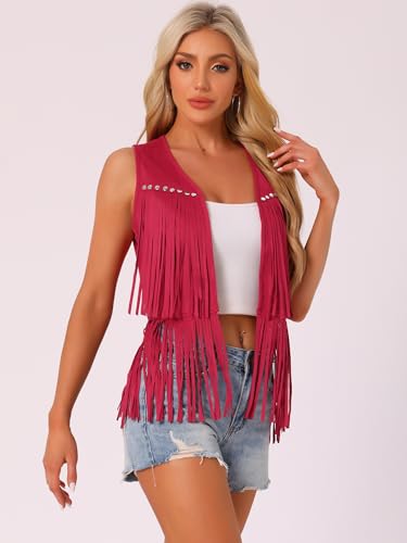 Image of Allegra K Women's Fringe Top Vest Open Front Western 70s Outfits Faux Suede Tassel Cardigan
