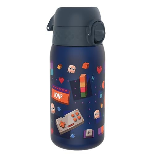 Ion8 Gourde Enfant, 350ml, Anti-Fuite, Facile à Ouvrir, Verrouillage Sécurisé, Lavable en Lave-Vaisselle, Sans BPA, Poignée de Transport, Facile à Nettoyer, Carbone Neutre, Motif Joueur