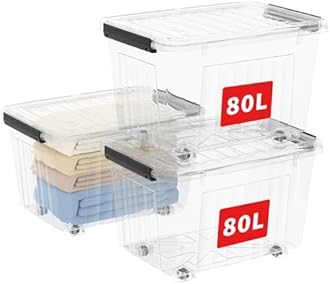 Cetomo 80L*3 Plastic Storage Boxes with Wheels, Lidded Storage Box with Secure Side Latches, PP Nestable and Stackable Clear Organizer for Home, Office, Moving, Transparent, 80L-3 Pack