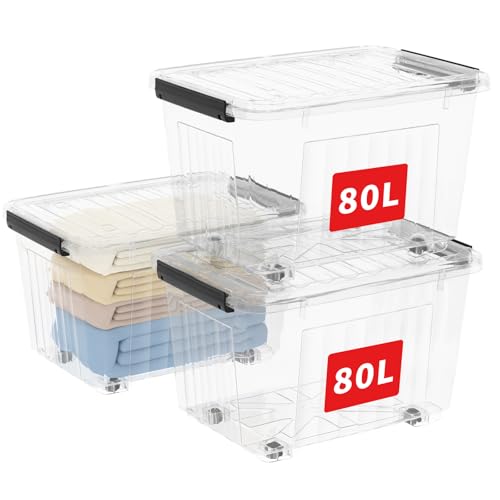 Cetomo 80L*3 Plastic Storage Boxes with Wheels, Lidded Storage Box with Secure Side Latches, PP Nestable and Stackable Clear Organizer for Home, Office, Moving, Transparent, 80L-3 Pack