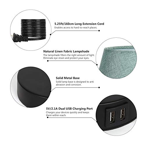 Js Nova Juns Set Of 2 Usb Table Lamps, Bedside Desk Lamps With Dual Usb Charging Ports, Nightstand Lamps With Green Flaxen Fabric Shade For Bedroom Living Room College Dorm Office #TOP4