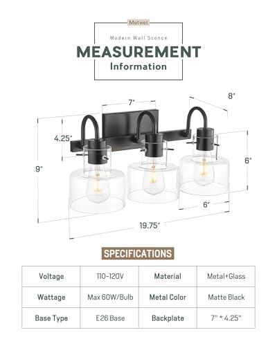 Image of Bathroom Light Fixtures, 3-Light Matte Black Vanity Lights with Clear Glass Shade, 20 Inch Vintage Vanity Lighting Fixtures Over Mirror, VL124-MB-3