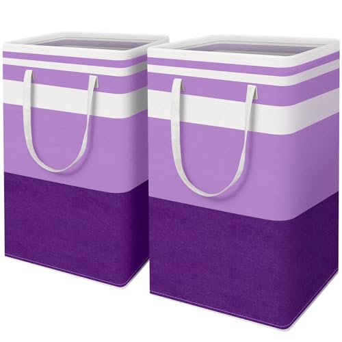 HomeHacks 2 Pack Large Laundry Baskets, Waterproof, Freestanding Laundry Hampers, Collapsible Clothes Hamper with Reinforced Handles in Laundry, College Dorm, Bathroom, Bedroom (Purple, 88Lx2)