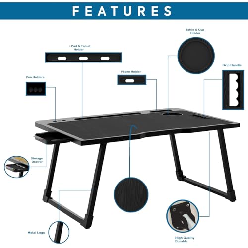 Image of Cubiker Engineered Wood Multipurpose Foldable Lapdesk with Cup Holder | Table Home Study Writing Table, Foldable and Portable /Ergonomic Edges (Black - 60[L] X 40[W] X 24[H] Cm)