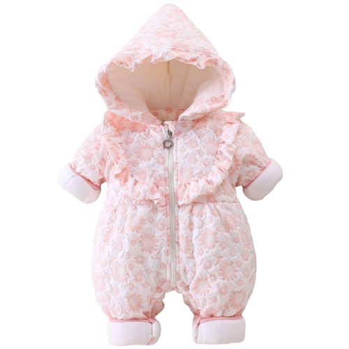 Image of Yoolhamy Newborn Baby Girl Winter Coat Toddler Hooded Snowsuit Jacket Thickened Cute Floral Jumpsuit Outfit (Pink Ruffle, 0-3M)