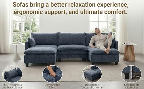 Image of 110.4 inch L Shaped Modular Sectional Sofa, Comfy Upholstery Chenille Cloud Couch with USB, Modern 4-Seat Deep Seat Sofa with Ottoman for Living Room, Apartment, Navy Blue