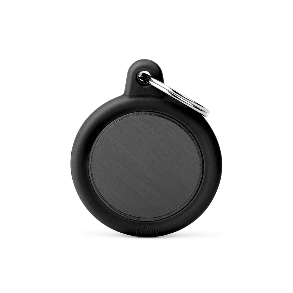 MyFamily Personalized Dog ID Tag Made in Italy - Black Circle - Free Engraved Dog Tag - Aluminum and Rubber - Hushtag Collection