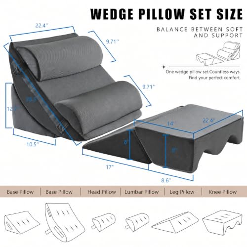 6-Piece Upper Body Rest Wedge Pillow Set for Post-Surgery, Grey Orthopedic Memory Foam Support, Elevated for Recovery and Sleep, Adjustable Angles for Shoulder Back Leg Relief Acid Reflux - image 2