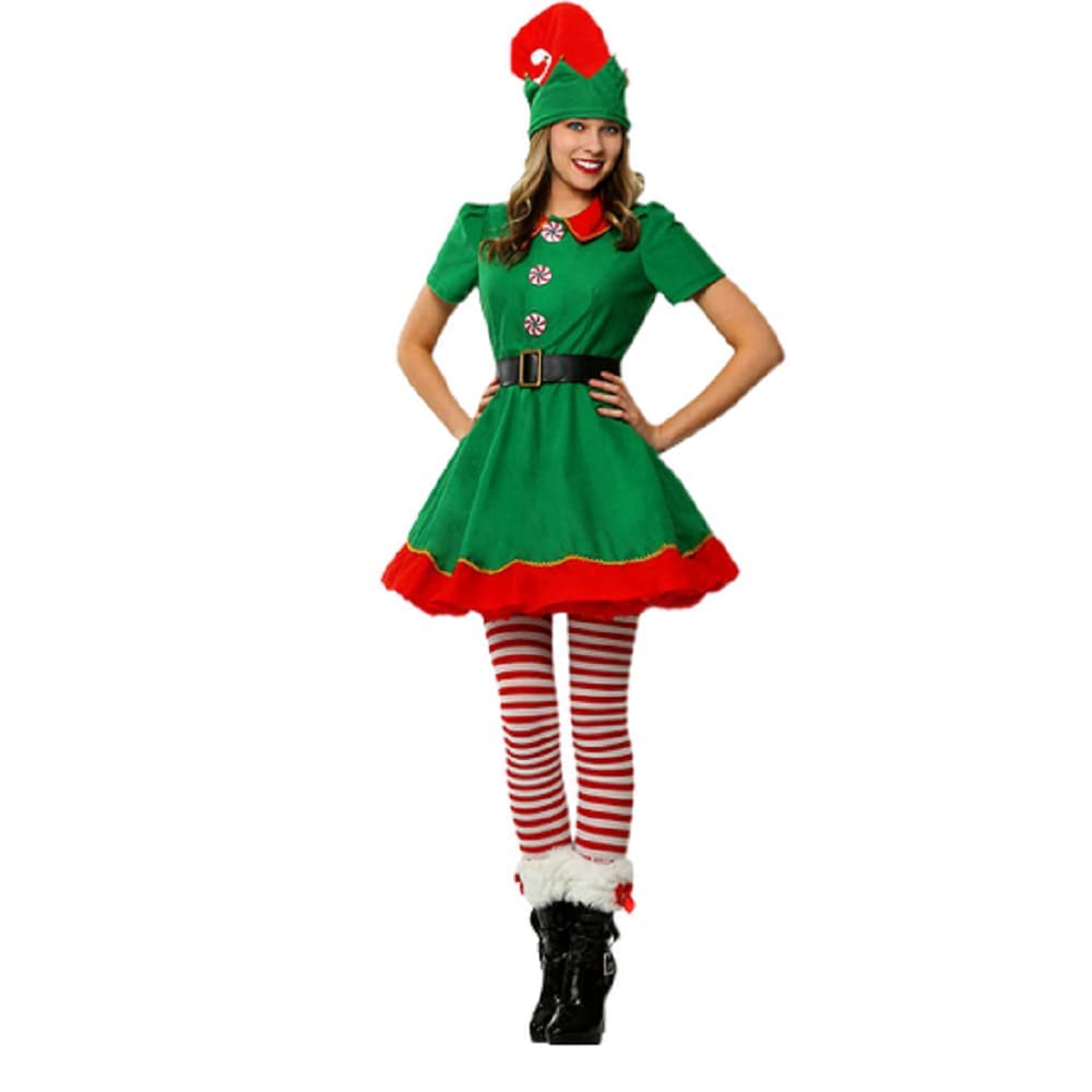 Genérico Elf Costume Women Dress Christmas Elf Hat Sock Cover Belt Clothes Elf Christmas Santa Cosplay for Adult