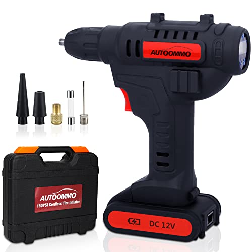 Cordless Tire Inflator - AUTOOMMO 150PSI Portable Car Tire Pump with Rechargeable Battery Powered, 12V Power Adapter, Digital Pressure Gauge, for Car Motorcycles Pickup SUV