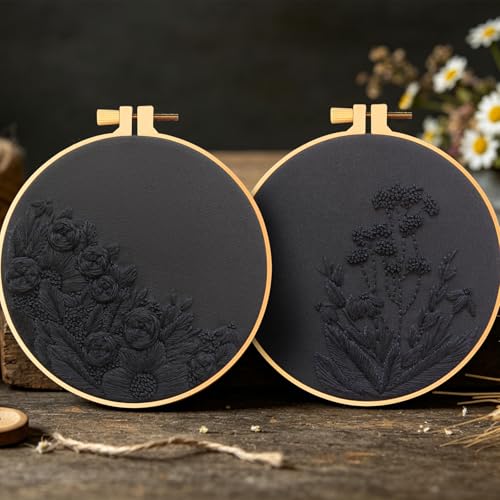 Image of Armindou Black Flowers Embroidery Kits for Beginners Adults, Floral Hand Embroidery Set Needlepoint DIY Kit, Stamped Cross Stitch Kits for Beginners Adult, 2 Embroidery Hoops (Attached Video Tutorial)