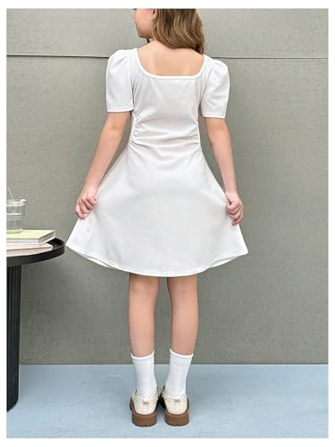 SHENHE Girl's Summer Puff Sleeve Square Neck A Line Flare Short Dress Casual Sundress2