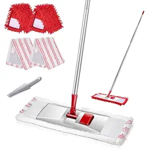 Almcmy Microfiber Dust Mop for Hardwood Floors, Dry Floor Mop with 2 Microfiber Mop Pads & 2 Chenille Refills, Microfiber Flat Mop for Laminate,Marble,Tile Floor Cleaning, Send 1 Cleaning Scraper