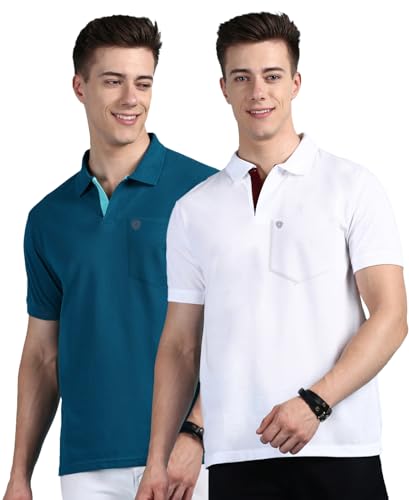 Image of Lux Cozi Men Cotton Regular Fit Polo Neck Half Sleeve Solid Casual T-Shirt with Chest Pocket | Pack of 2 |