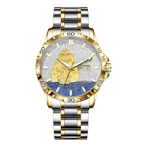 GLENAW Automatic Watch for Men - self-Wind Mechanical Watch - Dial with Golden Sailboat and Day Date Calendar, 30m Water-Resistant Stainless Steel Strap, 8668-Gold