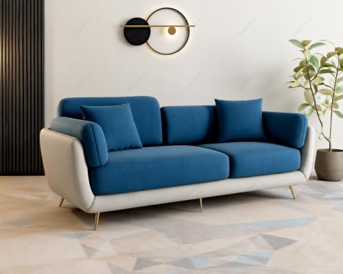 Image of 3 Seater Dual Color Sofa, Velvet Fabric (Blue & Off-White) | Solid wood structure, premium velvet upholstery, sturdy golden legs, ideal for living room seating.