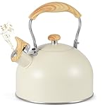 Kinberry Stove Top Kettle, 2.5L Stainless Steel Whistling Kettle with Loud Whistle, Induction Kettle with Heat Resistant Wood Effect Handle, for Gas Stove or Induction Hob(Cream)