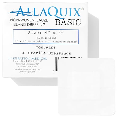 4"x4" Sterile Gauze Island Dressing with Adhesive Border – Post-Surgical Wound Care Pads, Non-Stick, Absorbent – for Home Use, Nurses, Clinics, IV Sites, First Aid – 50 Pack, Latex-Free