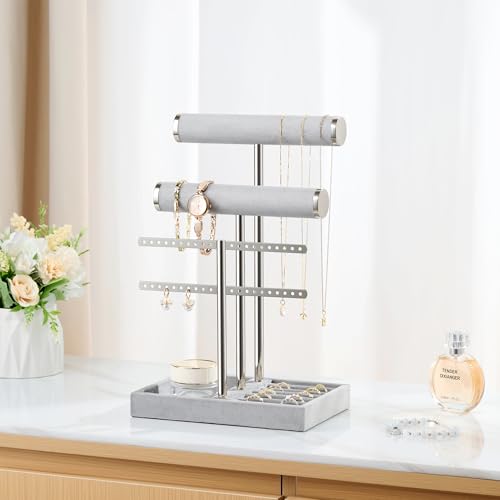 Image of Jewelry Organizer Stand for Necklaces, Bracelets, Earrings, Rings, Grey | 3 Tier Velvet Bracelet Holder Display | Jewelry Organizers and Storage | Jewelry Tree | Jewelry Towers